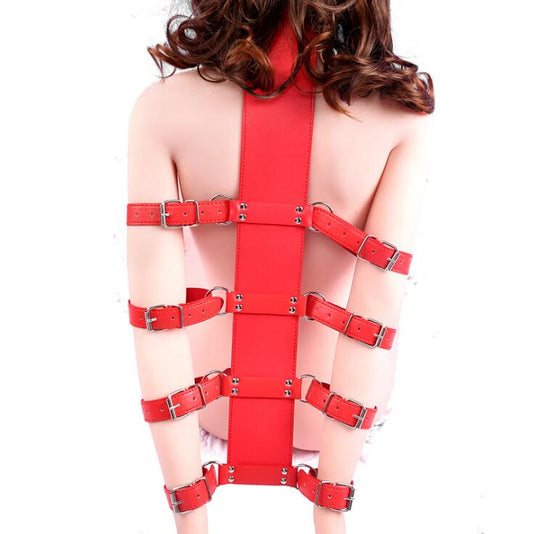 Bondage Slave Harness with Restraint Straps, Neck Collar, Handcuffs, and Wrist Cuffs