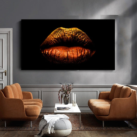 Golden Lips Canvas Painting for Home Decor