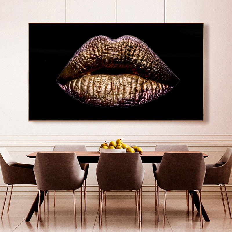 Golden Lips Canvas Painting for Home Decor