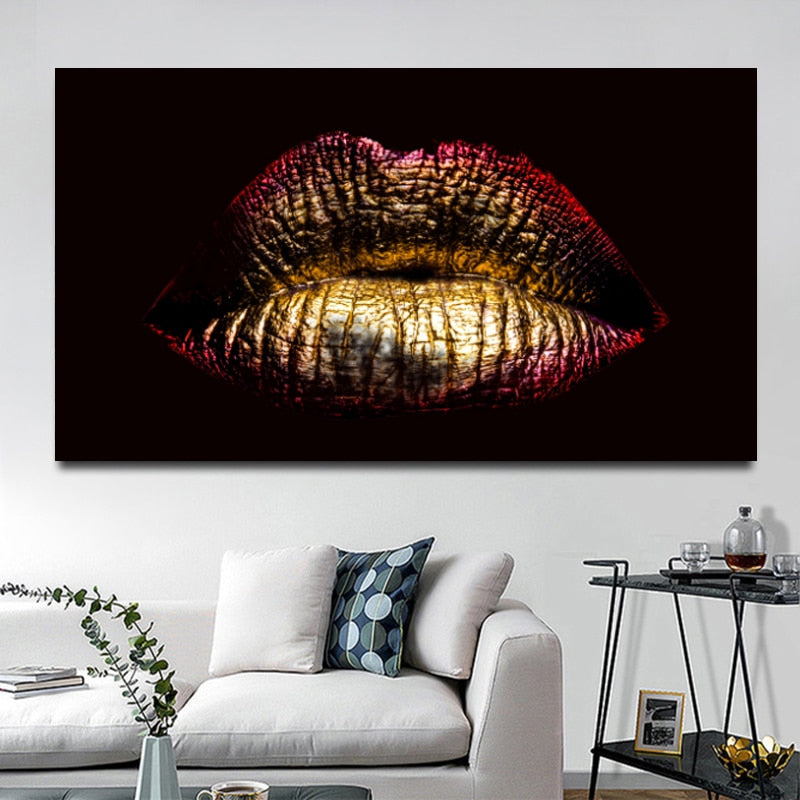 Golden Lips Canvas Painting for Home Decor